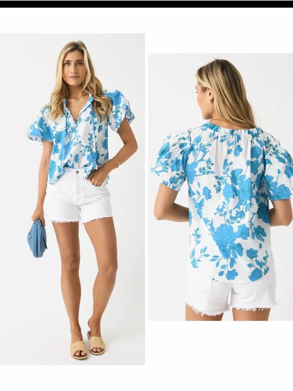 MISA Suparna Turquoise Floral Print Short Sleeve Cotton Blouse - Women's Top